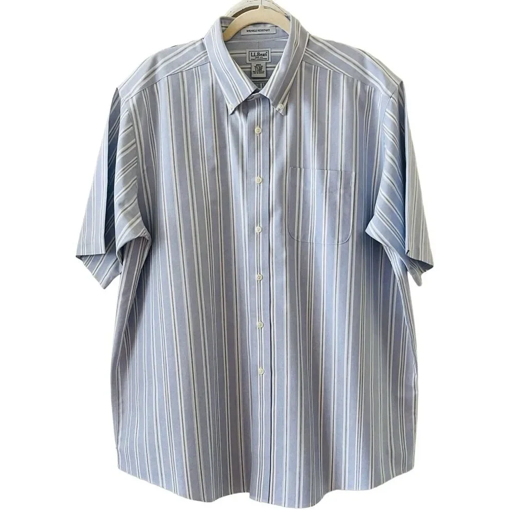 ll bean short sleeve dress shirts LL Bean Men's Shirt Sz L Blue Green Plaid Slightly Fitted Button Up Short  Sleeve